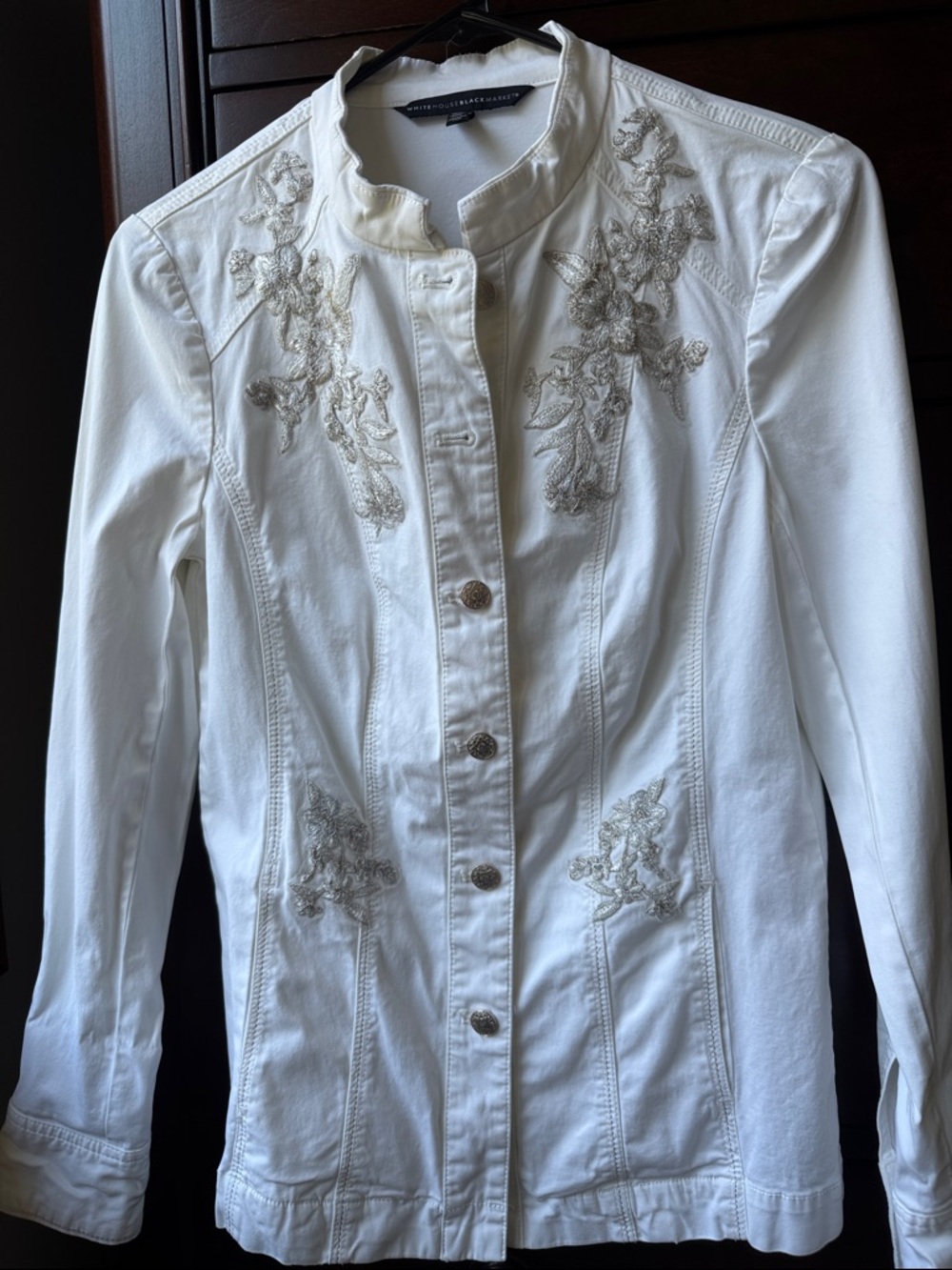 White House Black Market White Embroidered Stand-Collar Jean Jacket